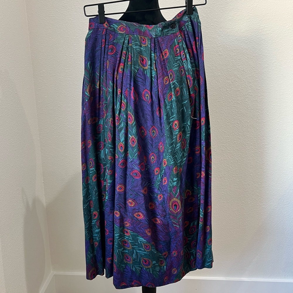 Vintage Spitalnick &Co. Peacock Print Rayon Midi  Skirt size 10